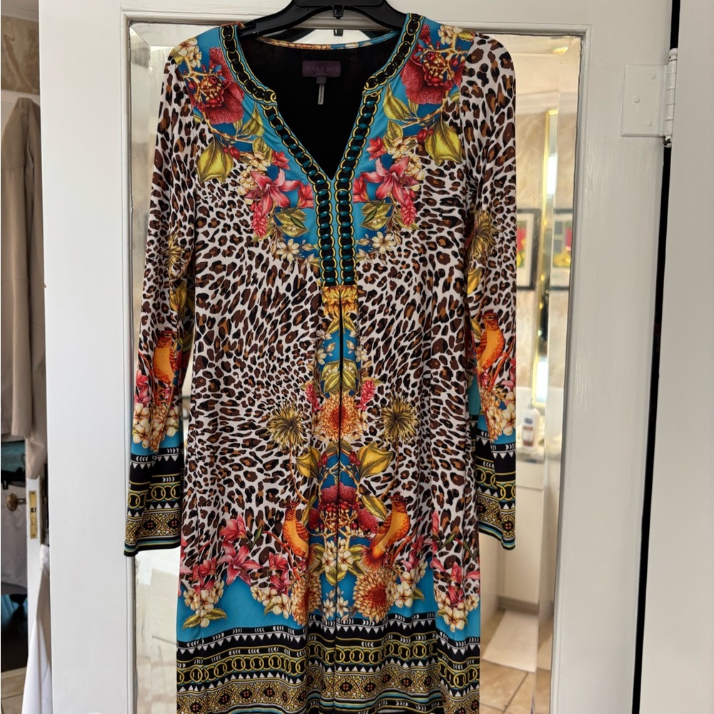Hale Bob Resort Blue Red Long Sleeve V-Neck Dress